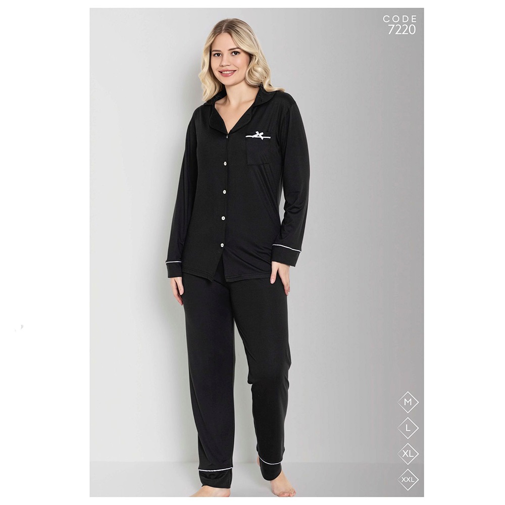 Selina 7220 Bayan Milan Desenli Boydan Düğmeli Arabiyeli Pijama Takımı M-2XL - Karışık Renk - M-L-XL-2XL