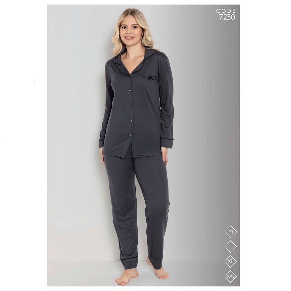 Selina 7230 Bayan Milan Desenli Boydan Düğmeli Arabiyeli Pijama Takımı M-2XL - Karışık Renk - M-L-XL-2XL