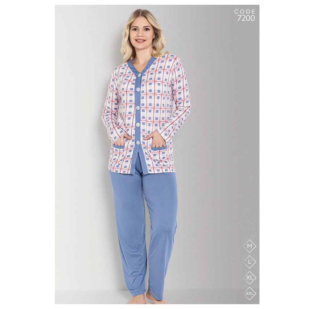 Selina 7200 Bayan Milan Desenli Boydan Düğmeli Arabiyeli Pijama Takımı M-2XL - Karışık Renk - M-L-XL-2XL