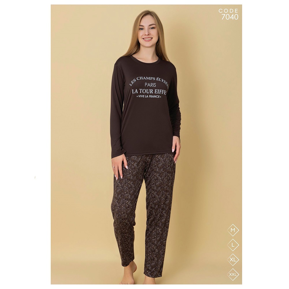 Selina 7040 Bayan Milan Desenli Uzun Kol Pijama Takımı M-2XL - Karışık Renk - M-L-XL-2XL