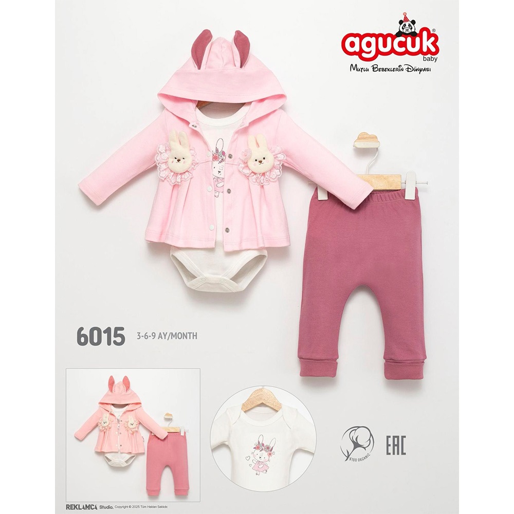 Agucuk Baby 6015 Kız Bebe Sevimli Tavşan Nakışlı 3 Lü Kapşonlu Takım 3-9 Ay - 41573-Karışık Renk -3-9 AY