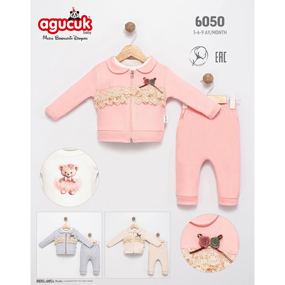 Agucuk Baby 6050 Kız Bebe Dantelli Fermuarlı 3 Lü Takım 3-9 Ay - 41578-Karışık Renk -3-9 AY