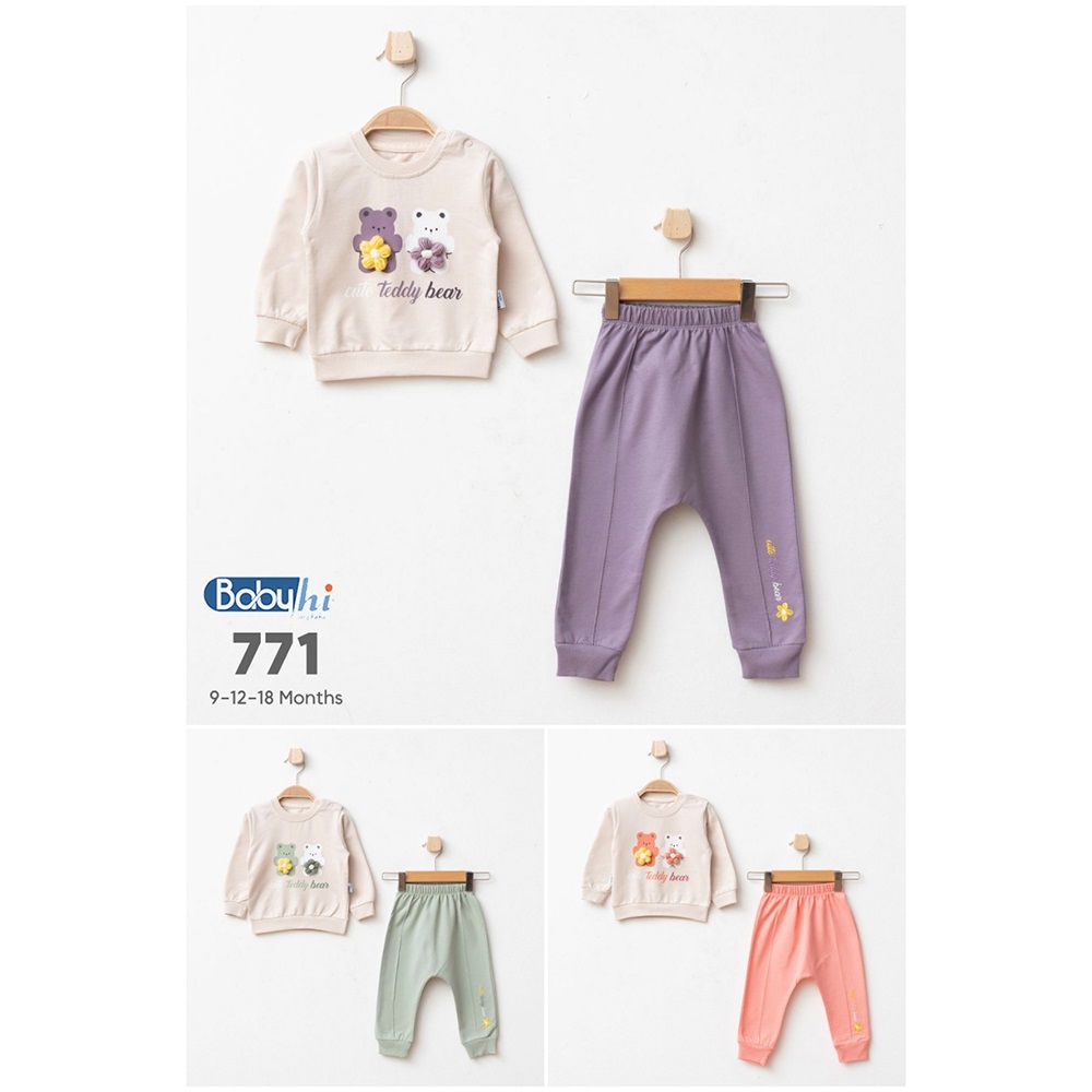 Baby Hi 771 Kız Bebe Penye Çicekli Ayı Nakışlı 2Li Takım 9-18 Ay