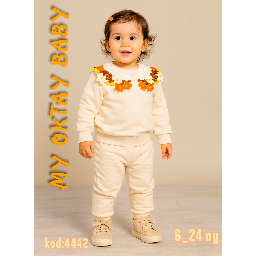My Oktay 4442 Kız Bebe Penye Yaka Çiçek Nakışlı Takım 9-24 Ay