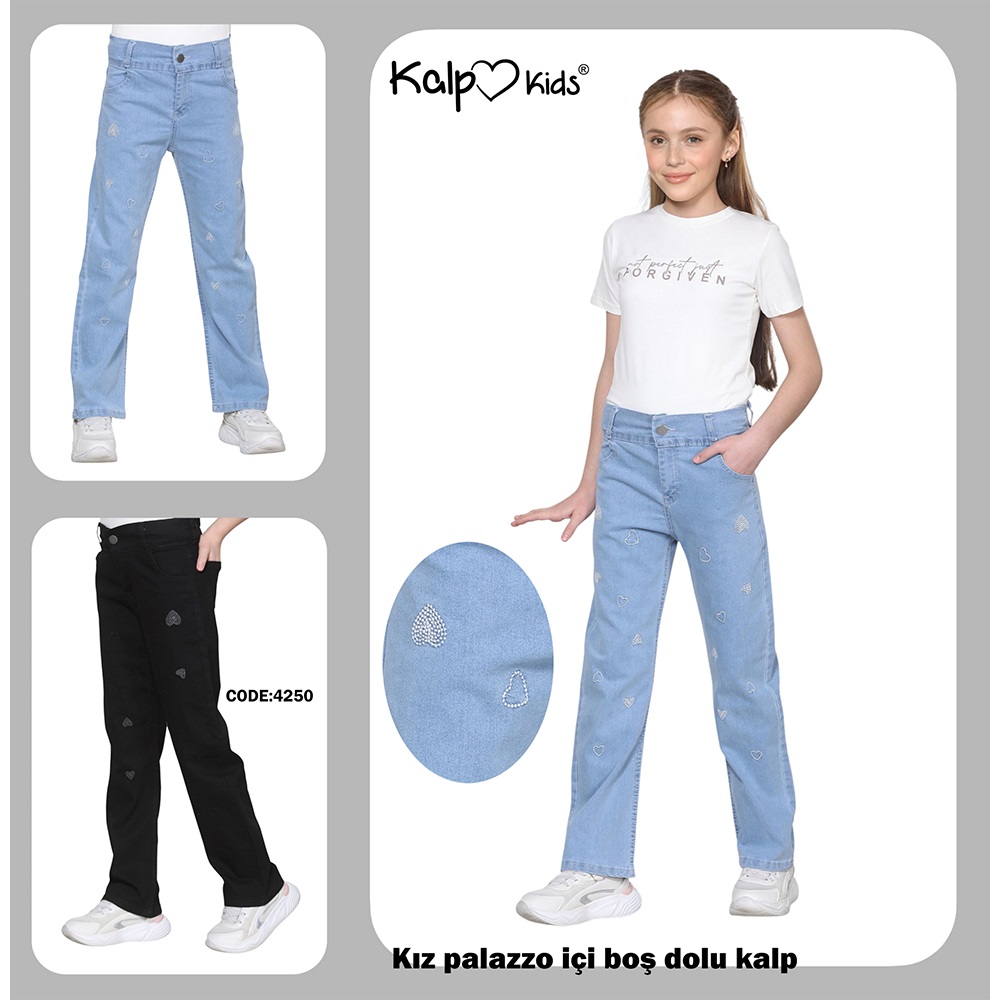 Kalp Kids 4250-1 Kız Çocuk Palazzo Kalp Nakışlı Pantolon 6-12 Yaş