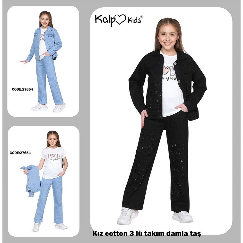 Kalp Kids 27650-2 Kız Çocuk Cotton DamlaTaşlı Baskılı 3 Lü Kot Takım 8-12 Yaş