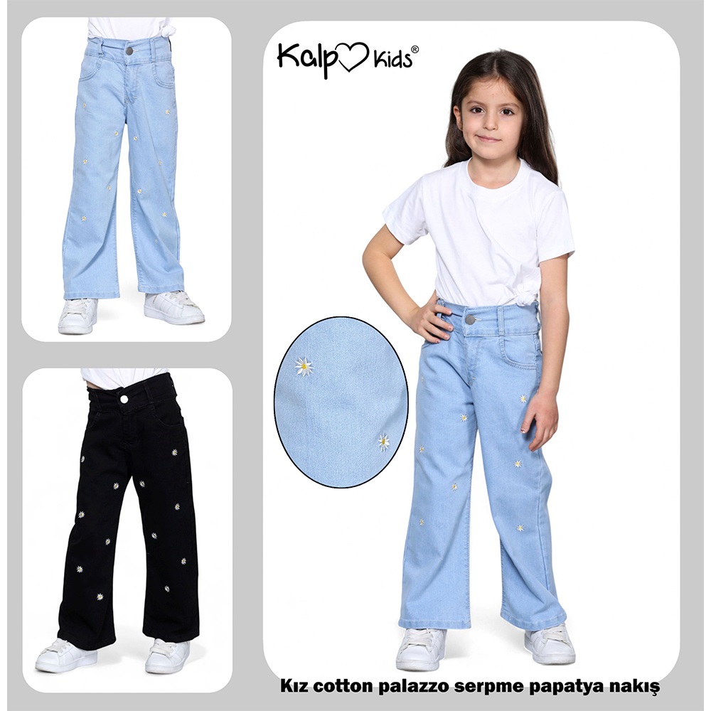 Kalp Kids 4164-1 Kız Çocuk Cotton Palazzo Serpme Paptya Nakışlı Pantolon 6-12 Yaş