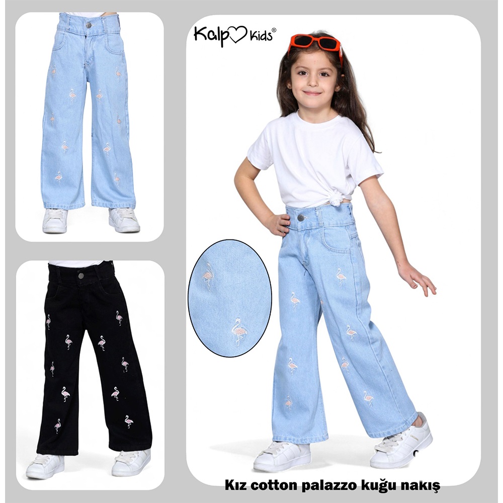 Kalp Kids 4624-2 Kız Çocuk Palazzo Kuğu Nakışlı Pantolon 11-15 Yaş