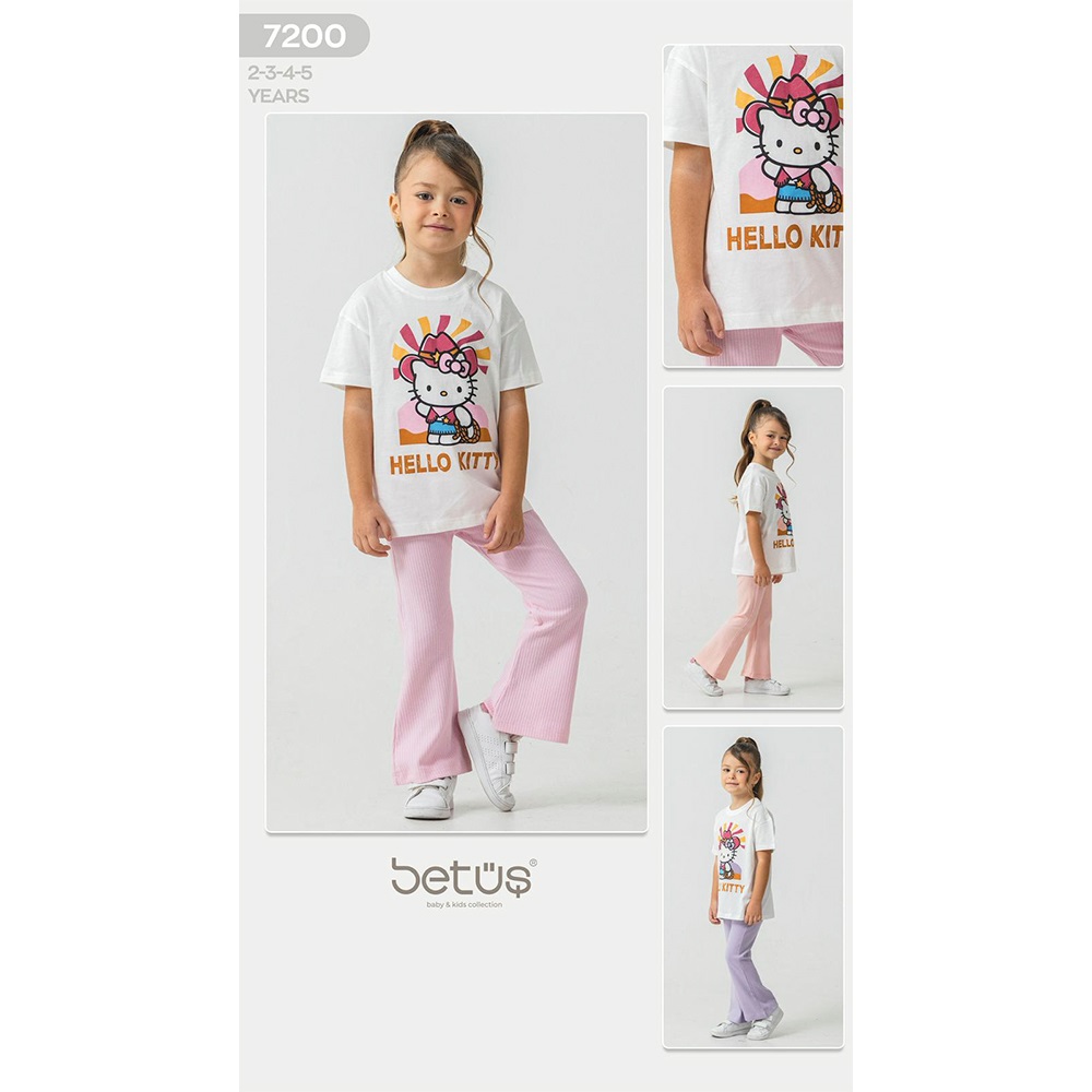 Kids Wear 7200 Kız Çocuk Penye Hello Kitty Baskılı İspanyol Paçalı Alt Takım 2-6 Yaş