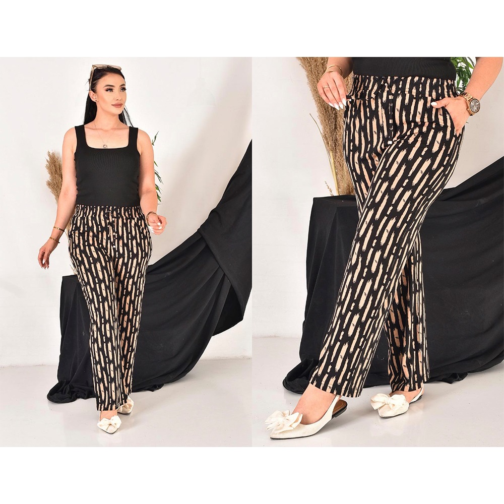 Elit Lıfe 93 Bayan Reaktif Viskon Desenli Bol Paça Cepli Tek Alt S-2XL