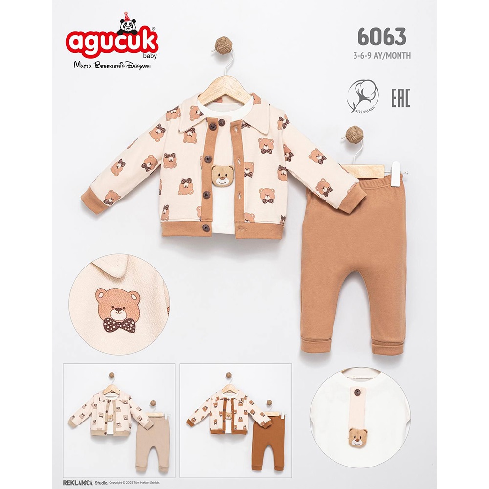 Agucuk Baby 6063 Erkek Bebe Penye Sevimli Ayıcıklı Baskılı 3 Lü Kravatlı Takım 3-9 Ay
