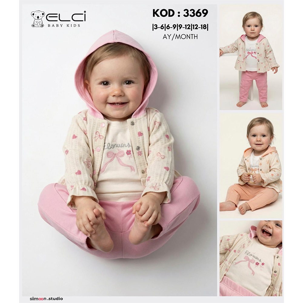 Elci 3369 Kız Bebe Penye Kalp Çiçek Baskılı 3 Lü Takım 3-18 Ay
