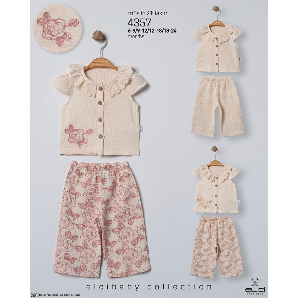 Elci 4357 Kız Bebe Müslin Çiçek Nakışlı Takım 6-24 Ay