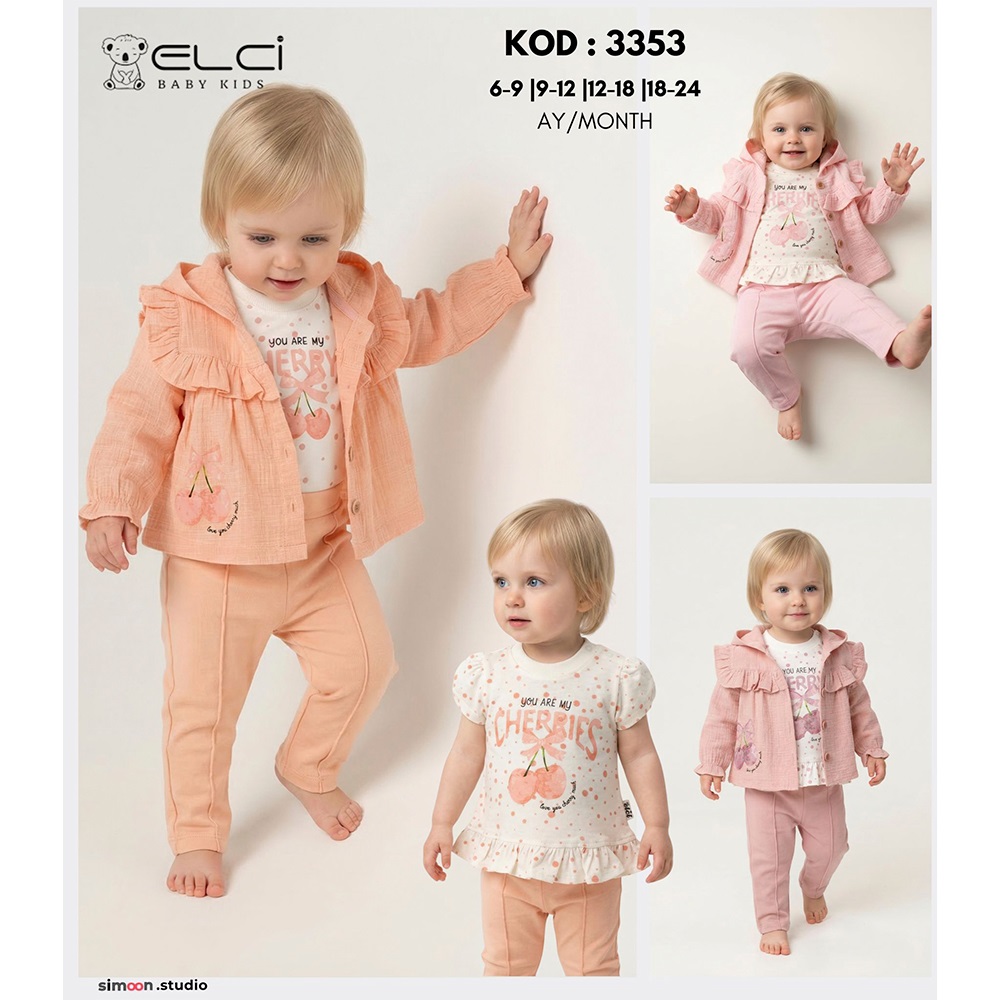 Elci 3353 Kız Bebe Müslin Kiraz Baskılı 3 Lü Takım 6-24 Ay