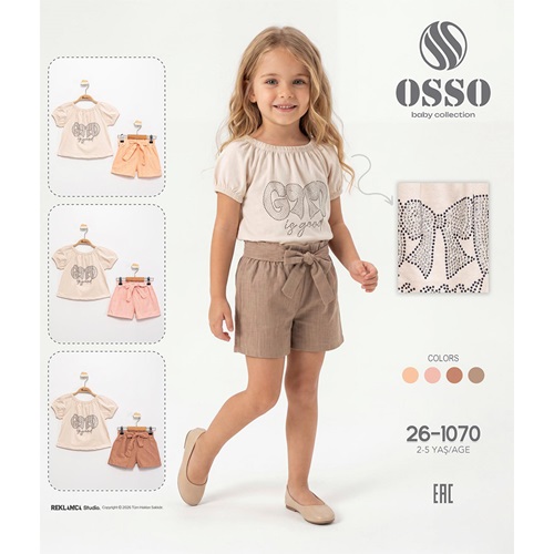 Osso 1070 Kız Çocuk Penye Taş Fiyonk Baskılı Şortlu Takım 2-5 Yaş