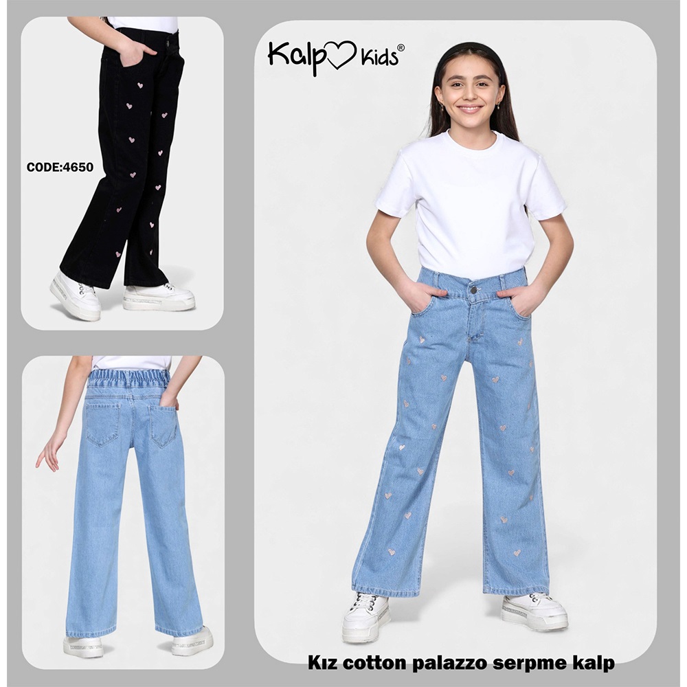 Kalp Kids 4664-1 Kız Çocuk Palazzo Serpme Kalp Nakışlı Pantolon 6-10 Yaş