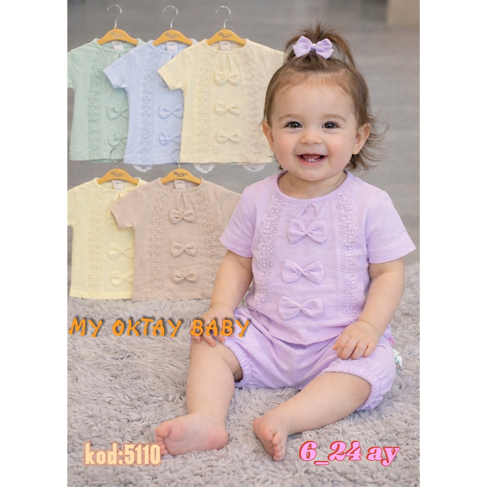 My Oktay 5110 Kız Bebe Müslin Güpürlü Şortlu Takım 6-24 Ay