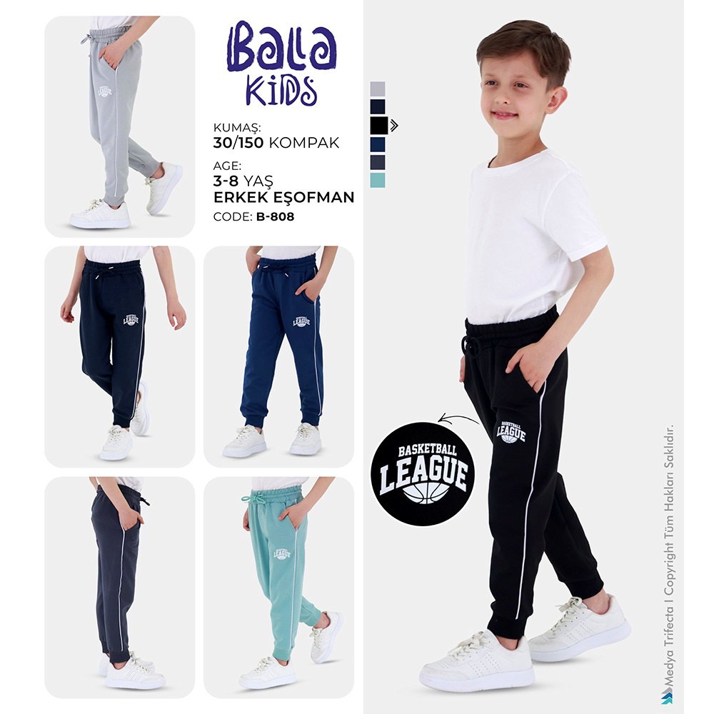 Bala 0808 Erkek Çocuk Kompak Penye Basketball Baskılı Eşofman Alt 3-8 Yaş