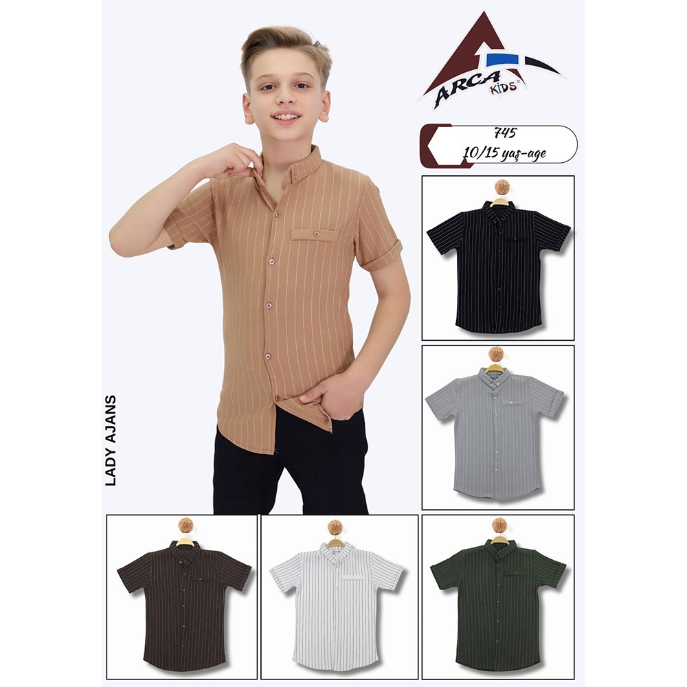 Arca Kids 745 Erkek Çizgili Cepli Düğmeli Kısa Kol Gömlek 10-15 Yaş
