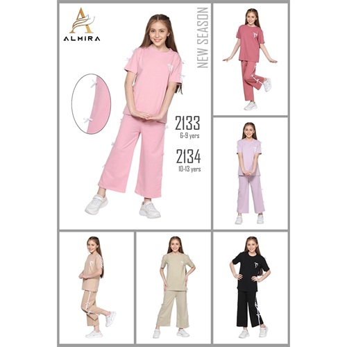 Almira Kids 2134 Kız Çocuk Penye Fiyonk Baskılı Yan Şerit Kurdeli Takım 10-13 Yaş