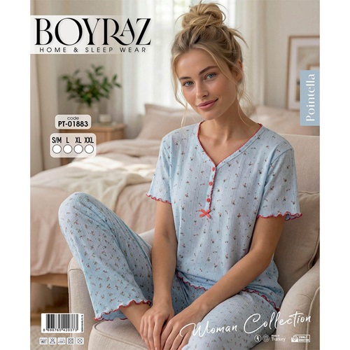 Boyraz PT-01883 Bayan Pointella 3 Düğmeli Desenli Kısa Kol Pijama Takımı S-2XL