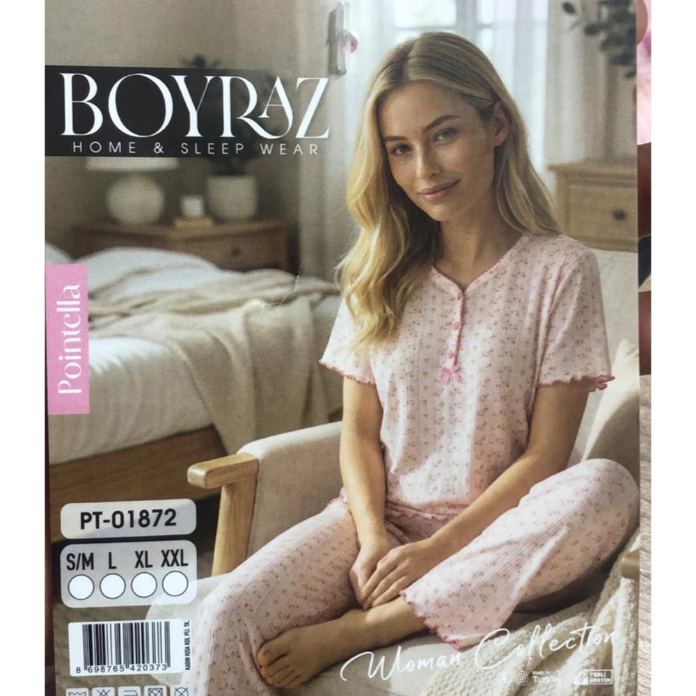 Boyraz PT-01872 Bayan Pointella 3 Düğmeli Desenli Kısa Kol Pijama Takımı S-2XL
