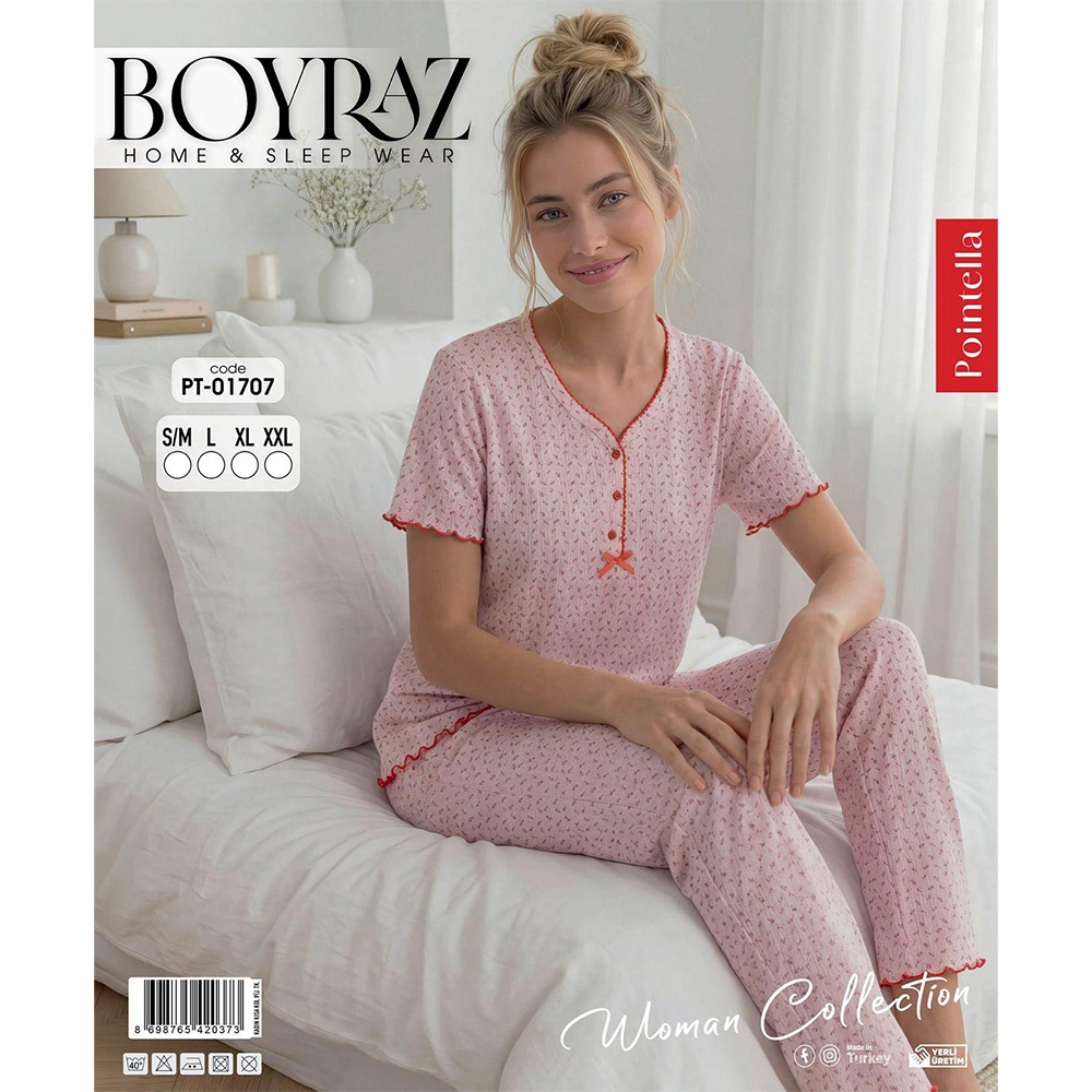 Boyraz PT-01707 Bayan Pointella 3 Düğmeli Desenli Kısa Kol Pijama Takımı S-2XL