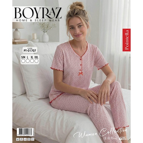 Boyraz PT-01707 Bayan Pointella 3 Düğmeli Desenli Kısa Kol Pijama Takımı S-2XL