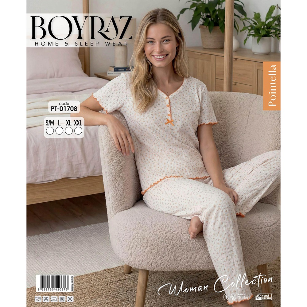 Boyraz PT-01708 Bayan Pointella 3 Düğmeli Desenli Kısa Kol Pijama Takımı S-2XL