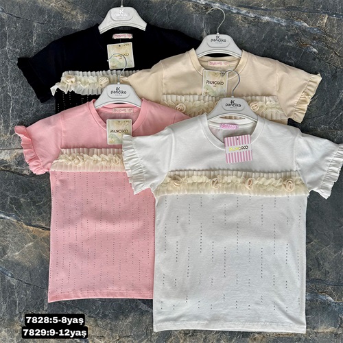 Pançiko 7828 Kız Çocuk Penye Göğüs Şerit Fırfırlı Dantelli Tişört 5-8 Yaş