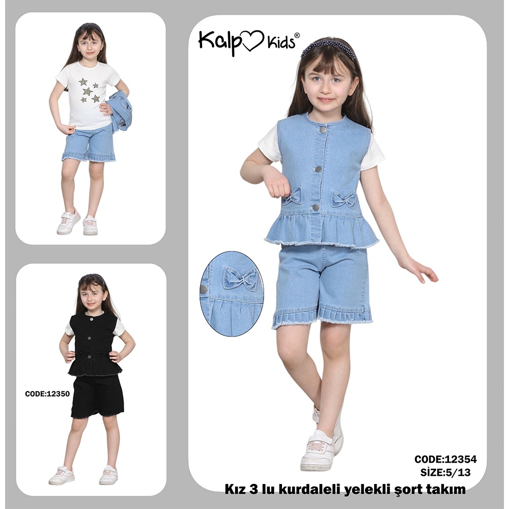Kalp Kids 12350 Kız Çocuk Kurdelili 3 Düğmeli Yelek Şortlu 3 Lü Takım 4-13 Yaş