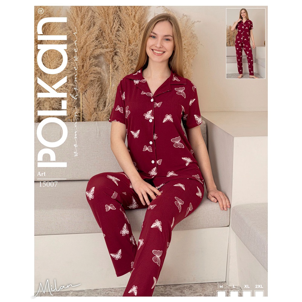 Polkan 15007 Bayan Milan Boydan Düğmeli Kısa Kol Pijama Takımı M-2XL