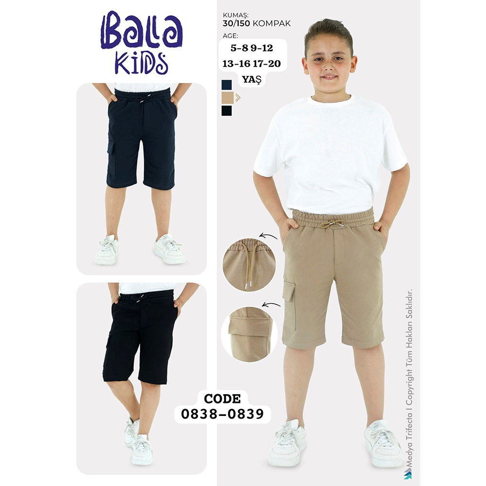 Bala Kids 0838 Erkek Çocuk Kompak Penye Komando Cepli Okul Kapri 13-16 Yaş