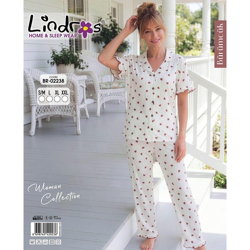 Lindros BR-02238 Bayan Bürümcük Boydan Düğmeli Kısa Kol Pijama Takımı S-2XL