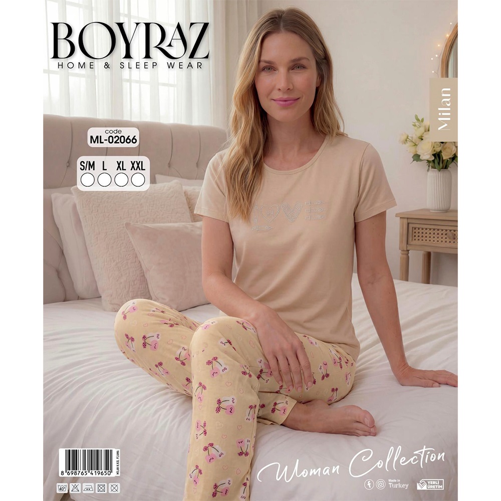 Boyraz ML-02066 Bayan Milan Desenli Kısa Kol Pijama Takımı S-2XL
