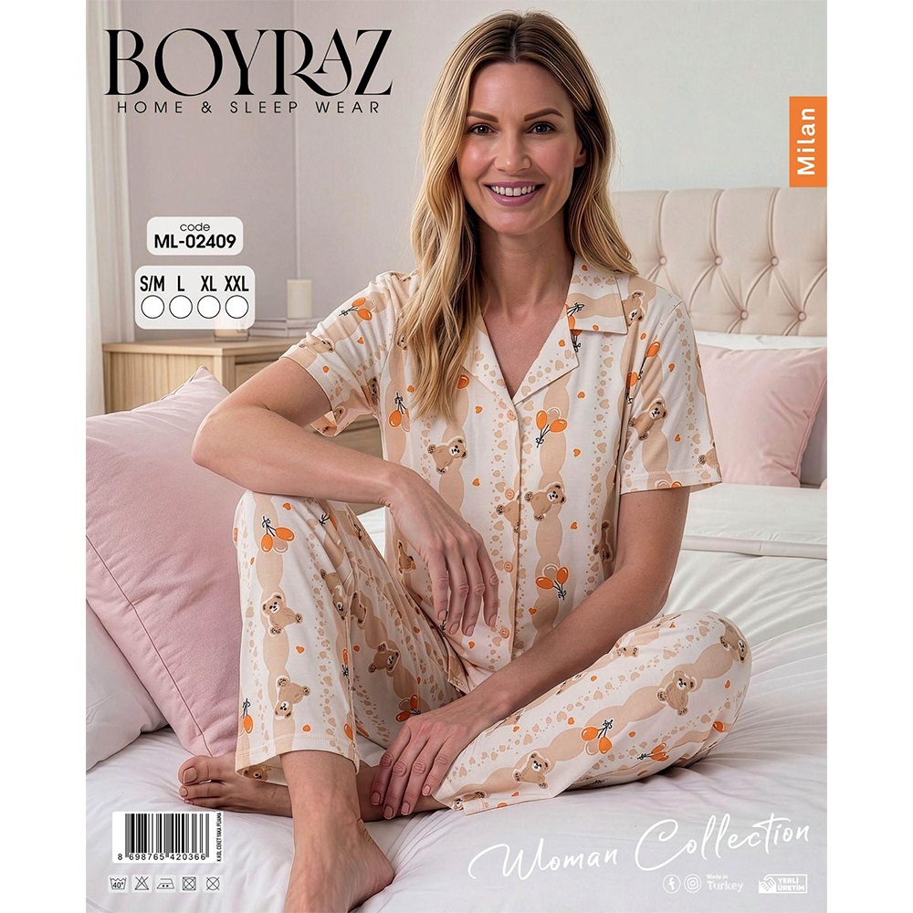 Boyraz Ml 02409 Bayan Milan Desenli Kısa Kol Boydan Düğmeli Pijama Takımı S-2XL