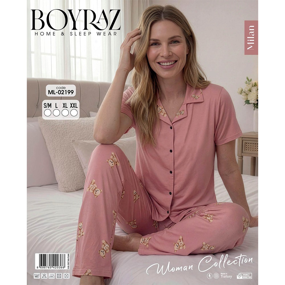 Boyraz Ml 02199 Bayan Milan Desenli Kısa Kol Boydan Düğmeli Pijama Takımı S-2XL