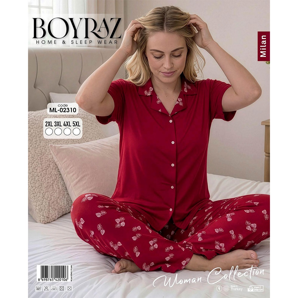Boyraz Ml 02310 Bayan Milan Desenli Kısa Kol Boydan Düğmeli Pijama Takımı S-2XL