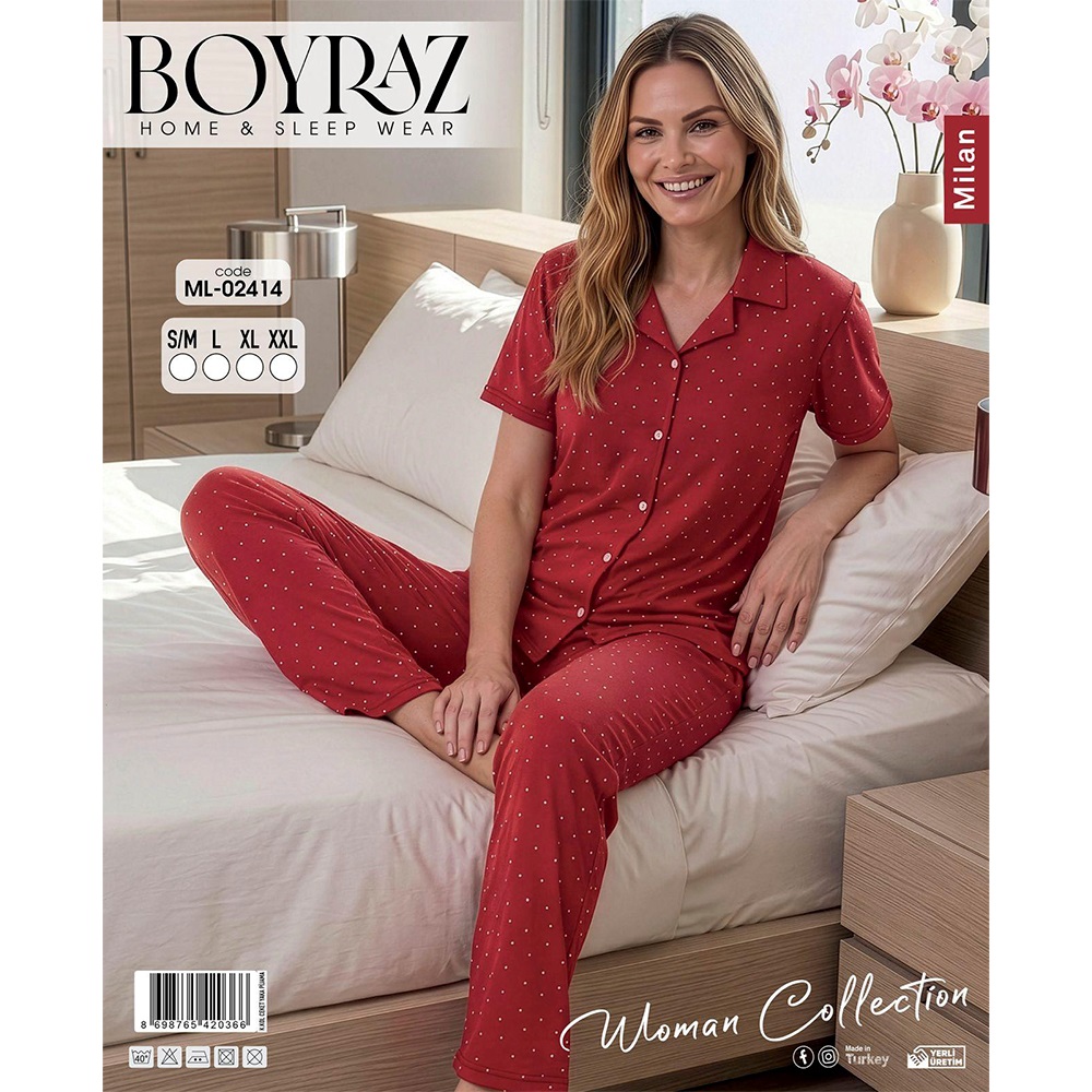 Boyraz Ml 02414 Bayan Milan Desenli Kısa Kol Boydan Düğmeli Pijama Takımı S-2XL