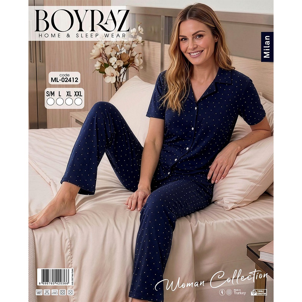 Boyraz Ml 02412 Bayan Milan Desenli Kısa Kol Boydan Düğmeli Pijama Takımı S-2XL