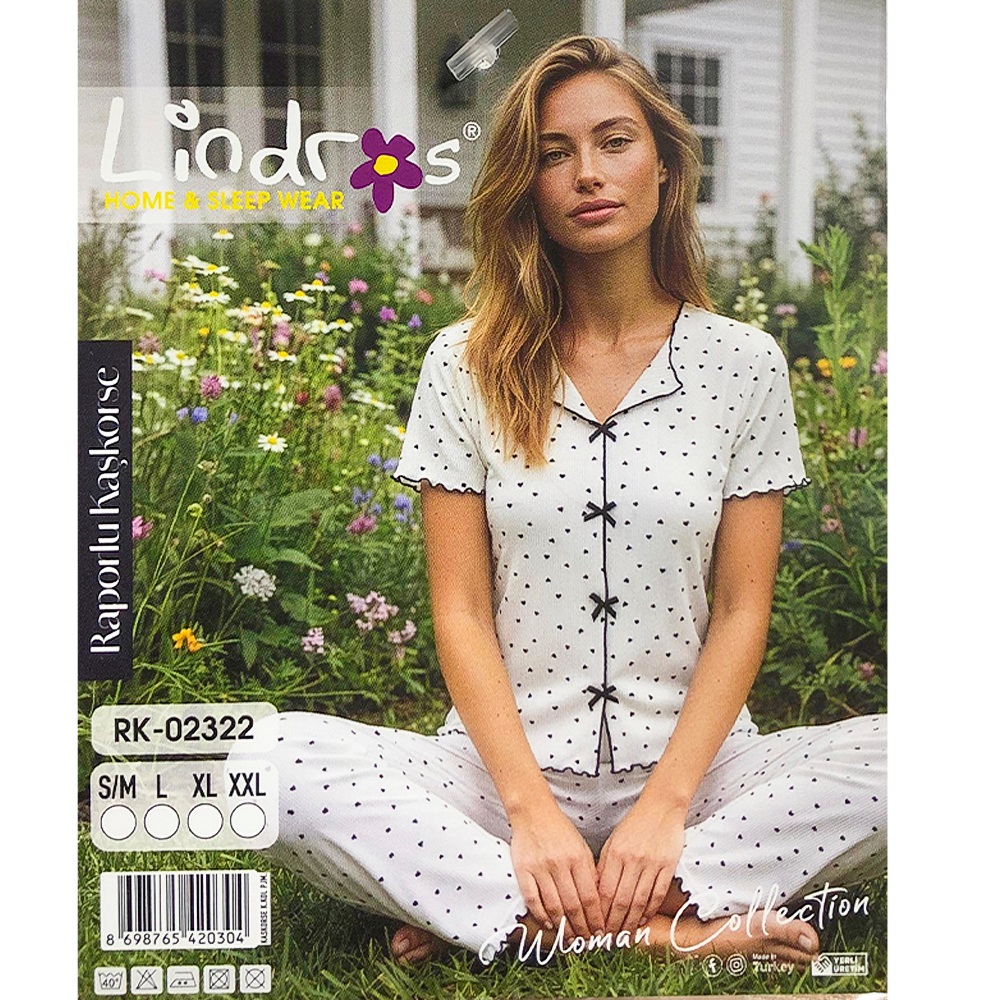 Lindros RK-02322 Bayan Raporlu Kaşkorse Desenli Kısa Kollu Pijama Takımı S-2XL