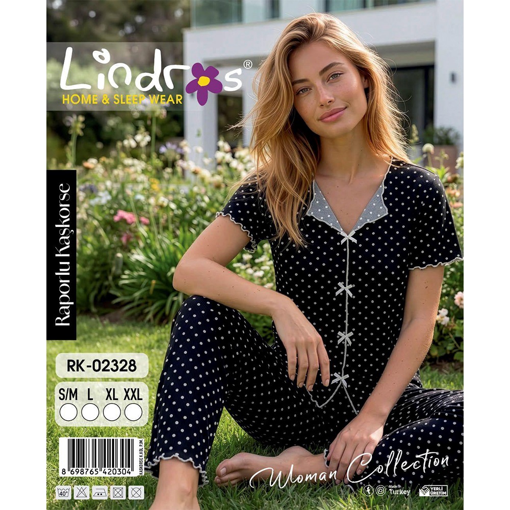 Lindros RK-02328 Bayan Raporlu Kaşkorse Desenli Kısa Kollu Pijama Takımı S-2XL
