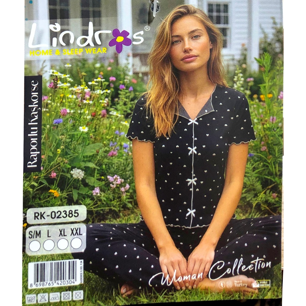Lindros RK-02385 Bayan Raporlu Kaşkorse Desenli Kısa Kollu Pijama Takımı S-2XL