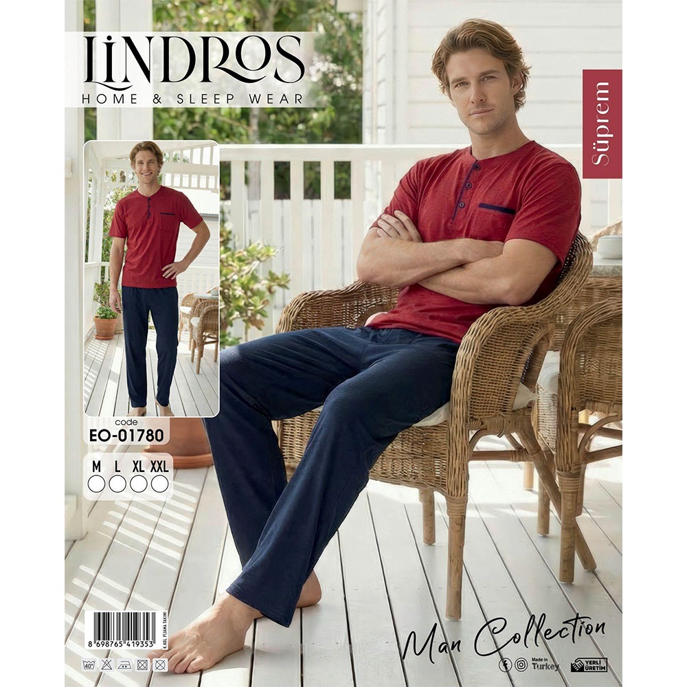 Lindros EO-01780 Erkek Süprem Kısa Kol Yaka Düğmeli Pijama Takımı M-2XL