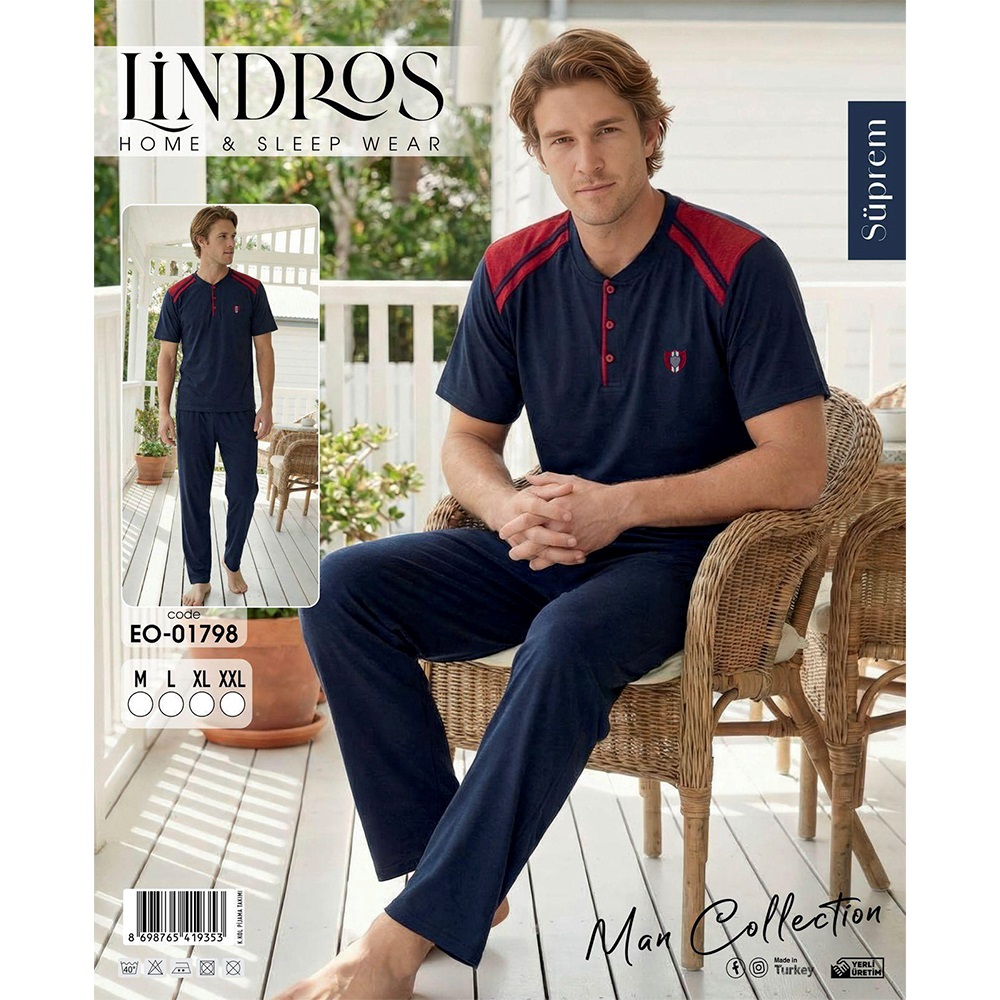 Lindros EO-1798 Erkek Süprem Kısa Kol Yaka Düğmeli Pijama Takımı M-2XL