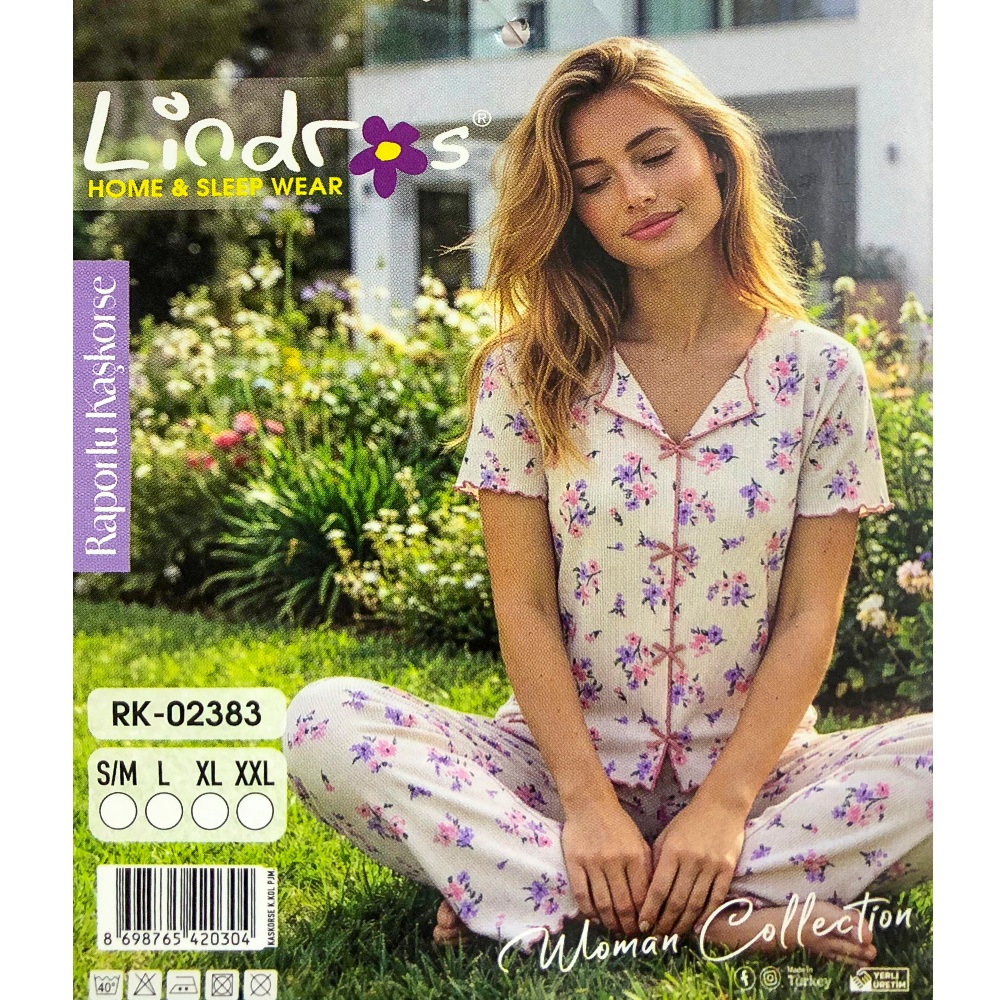 Lindros RK-02383 Bayan Raporlu Kaşkorse Desenli Kısa Kollu Pijama Takımı S-2XL