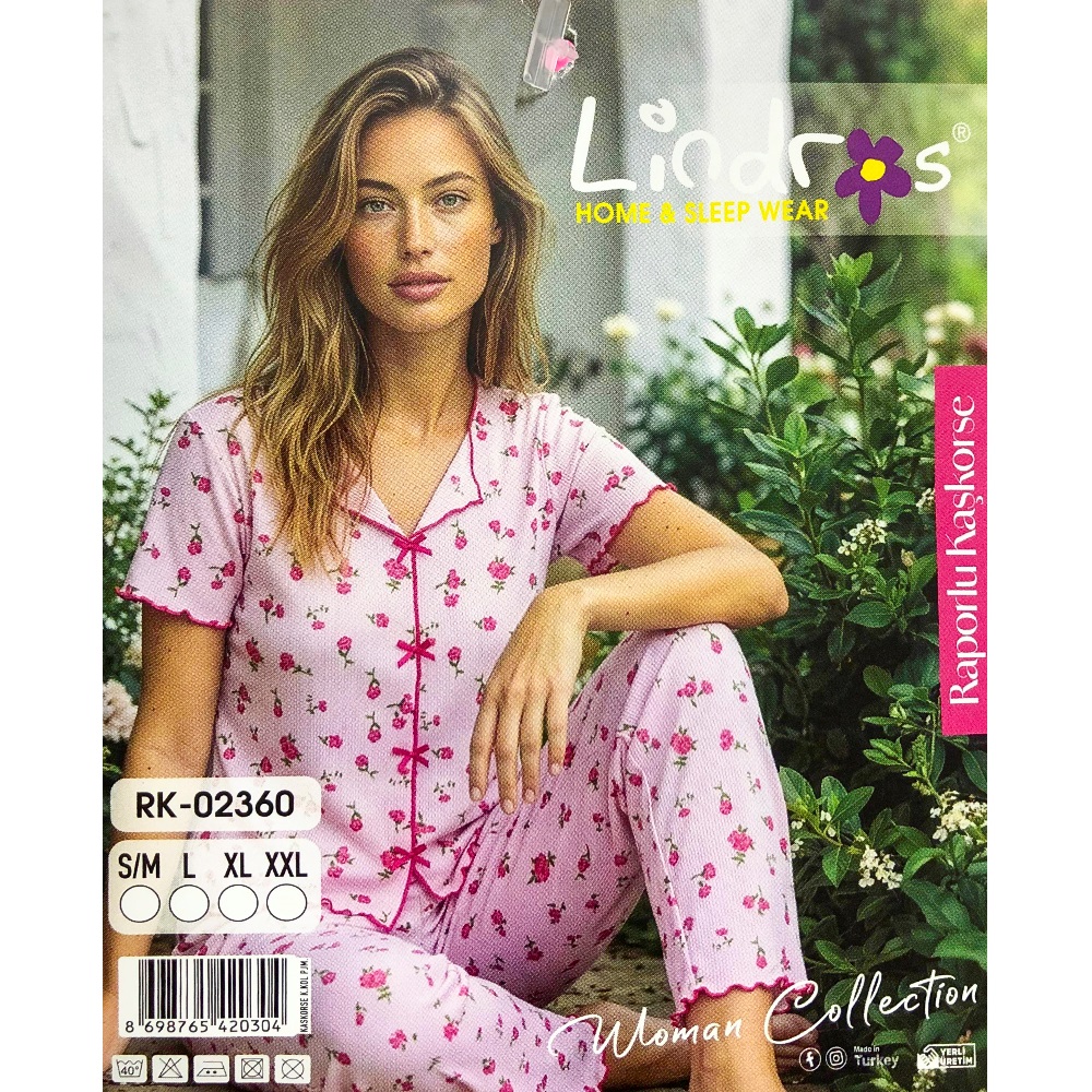 Lindros RK-02360 Bayan Raporlu Kaşkorse Desenli Kısa Kollu Pijama Takımı S-2XL
