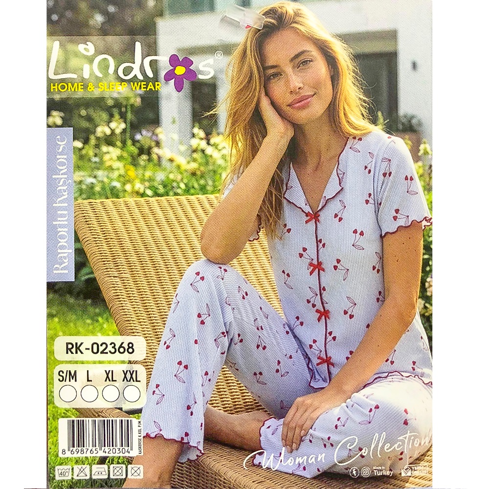 Lindros RK-02368 Bayan Raporlu Kaşkorse Desenli Kısa Kollu Pijama Takımı S-2XL