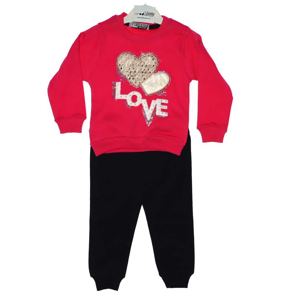 6008 Love Pullu Nakışlı 2 li Kız Takım 6-12-18-24 Ay