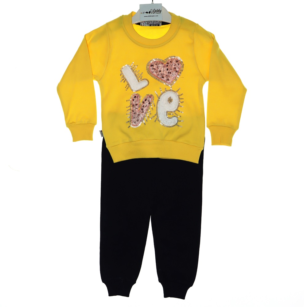 6009 Love Peluş Nakışlı 2 li Kız Takım 6-12-18-24 Ay